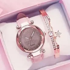 Relógio de Pulso Quartz de Couro Feminino & Pulseira Estrela