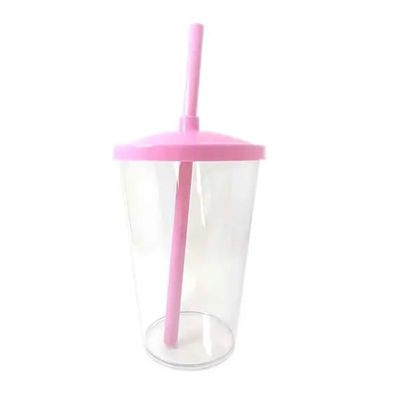 Copo de Plástico com Tampa e Canudo 300ml - Rosa Claro - 1 unidade - Rizzo