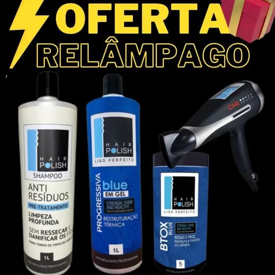 Hair Polish Kit Shampoo Progressiva Blue Gel e Botox Blue+ Secador Chi Touch 1900W Grátis 110v