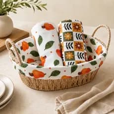 Kit Presente Cesto de Pães de Fibra Forrado e Panos de Prato 100% Algodão Ceci Petit Home