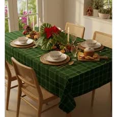 Toalha de Mesa Natal 100% Algodão Retangular com Saquinho de Algodão Cru - Magia de Natal Xadrez Verde