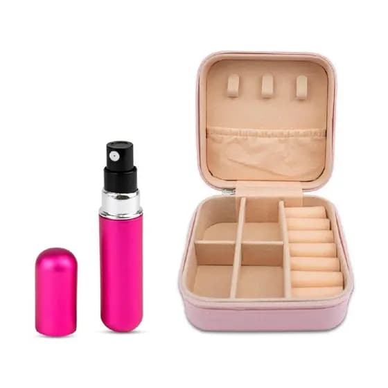 Kit Viagem Mini Porta Joias Rosa + Porta Perfumes Spray 5ml Necessaire Organização Mala Bagagem
