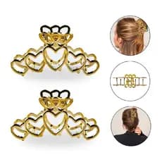 Kit 2 Presilhas de Metal Grande Corações Vazado Dourada Presilha Cabelos Penteado Look Acessório Coque