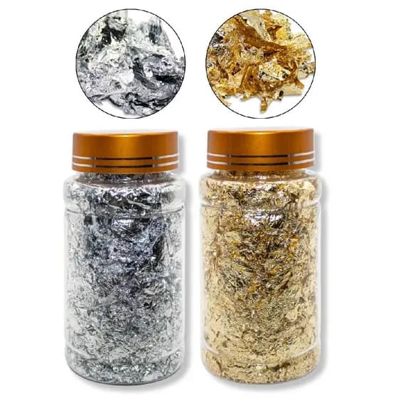 Kit 2 Potes Grandes Folhas de Ouro Dourado Prata Decoração Unhas Nail Art Enfeites Arte Sedução