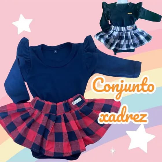 Conjunto de bebê frio saia xadrez bebê e body 100% algodão