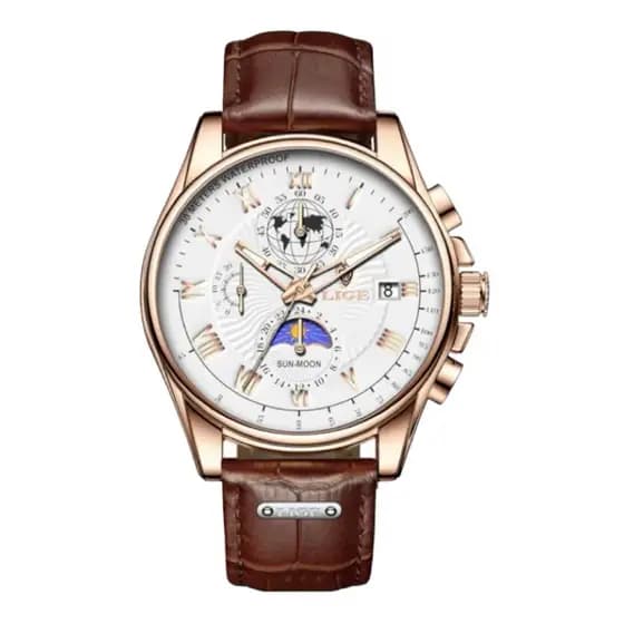 Relógio Masculino Lige 8975 Dourado Fundo Branco Cronográfo