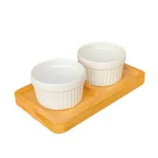 Kit 2 Petisqueira Ramequim De Porcelana Com Base Em Bambu
