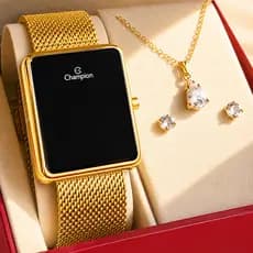 Relógio Champion Feminino Dourado Digital LED Original com garantia de 1 ano acompanha colar e brincos