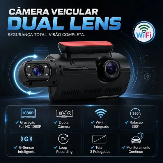Câmera Veicular DVR Dual Lens Full HD 1080P com Wi-Fi, Câmera Frontal e Traseira, Rotação 360°, Tela 3” e G-Sensor