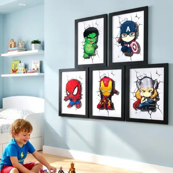 Kit 5 Quadros Heróis Vingadores 3D COM MOLDURA decorativo Quarto Menino Infantil Decoração Personalizado Aranha Hulk Ca