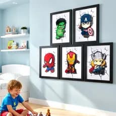 Kit 5 Quadros Heróis Vingadores 3D COM MOLDURA decorativo Quarto Menino Infantil Decoração Personalizado Aranha Hulk Ca