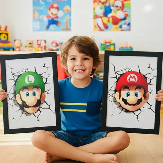 Kit 2 Quadros Super Mário 3D COM MOLDURA alto relevo quadro decorativo quarto infantil menino Luigi Presente Criança