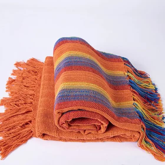 Kit 2 Mantas Para Sofá Xale Decorativa Luxo Cor Arco-íris E Laranja 1,80 x 1,20 m 100% Algodão Tear Mineiro