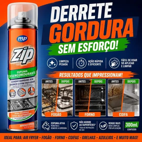 Espuma Desengordurante Zip Remove Gordura Pesada Air Fryer Fogão Forno 300ml