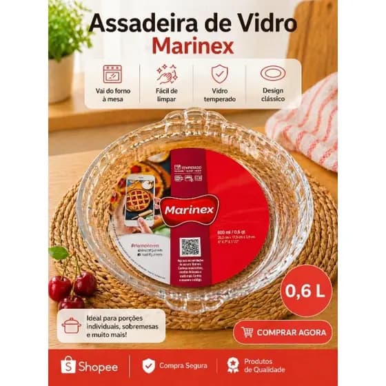 Assadeira de Vidro Marinex Nadir 0,6L Redonda | Refratária Resistente Forno e Mesa
