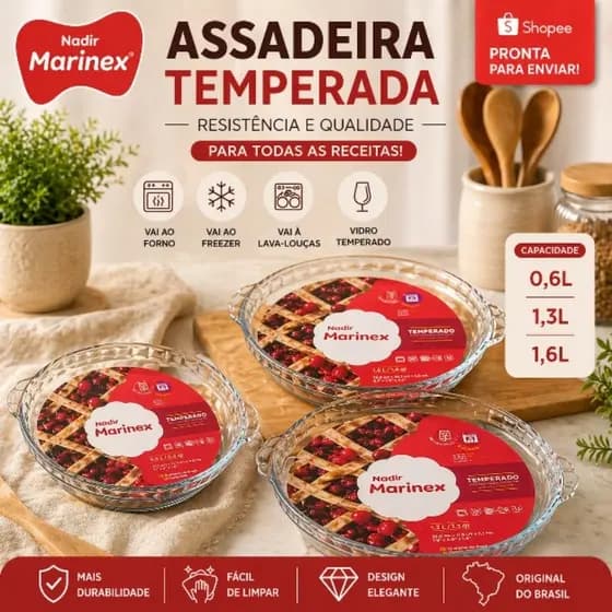 Kit 3 Assadeiras de Vidro Marinex Nadir Temperado Redonda 0,6L 1,3L 1,6L – Vai ao Forno Freezer Lava Louças