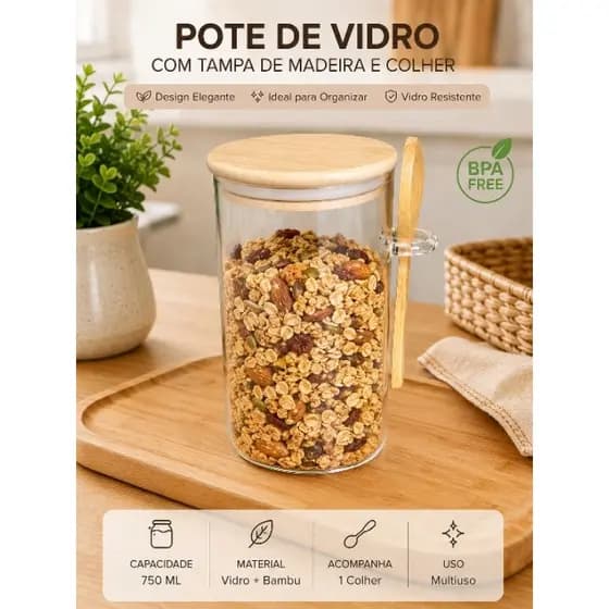 Pote de Vidro Hermético 750ml com Tampa de Bambu e Colher de Madeira | Porta Café, Açúcar e Temperos