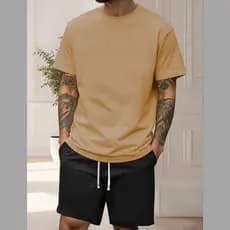 Conjunto casual masculino de duas peças, camiseta de manga curta com gola redonda e shorts Tectel com cordão e bolsos, r