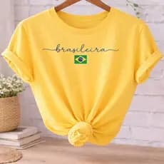 Camiseta Feminina Brasileira Copa Brasil 100% Algodão Estampa Minimalista Casual Confortável P-GG