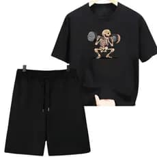 Conjunto Masculino Camiseta em Algodão +Shorts Moletom 100% Algodao Estampa Esqueleto Academia
