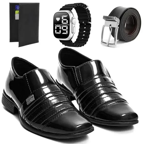 Kit Sapato Social Masculino Verniz Com Carteira Cinto E Relógio