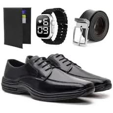 Kit Sapato Social Masculino Casual Bico Quadrado Confort + Cinto+ Carteira + Relogio