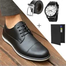 Sapato social italiano oxford esporte fino preto + Relógio + cinto + Carteira