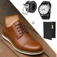 Sapato social italiano oxford esporte fino café + Relógio + cinto + Carteira