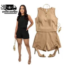 Conjunto Feminino  Short e Blusa Lançamento Verão Linho Premium
