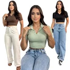 Blusa Cropped Gola Polo Ribana Canelada Premium