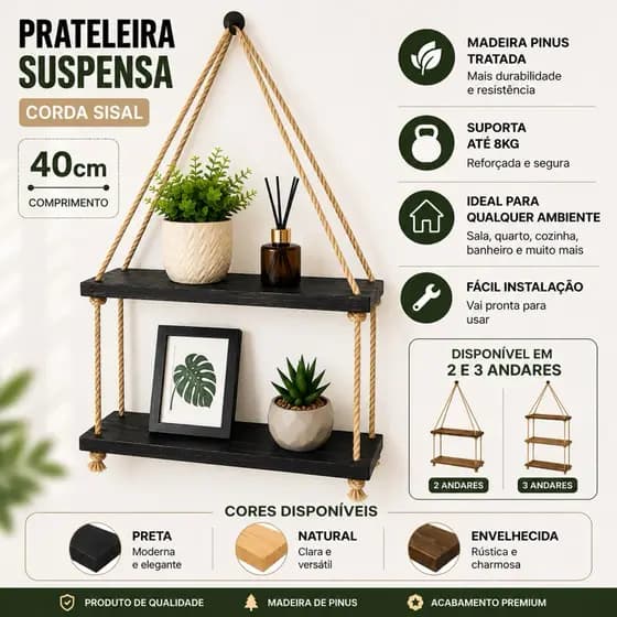 Prateleira Suspensa de Corda Sisal 40cm em Madeira Pinus | Nicho Decorativo Sala Quarto Banheiro