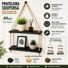 Prateleira Suspensa de Corda Sisal 40cm em Madeira Pinus | Nicho Decorativo Sala Quarto Banheiro
