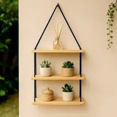 Prateleira Suspensa de madeira pinus com corda preta para decoração de casa 35cm