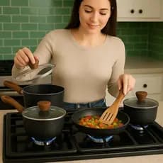 Conjunto Panelas Antiaderente 4 Peças Tampa Vidro Preto Vermelho Cozinha Fogão Jantar Durável