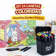 Kit com 24 canetas com Estojo Organizador Ponta Dupla para desenhos Canetinhas Coloridas
