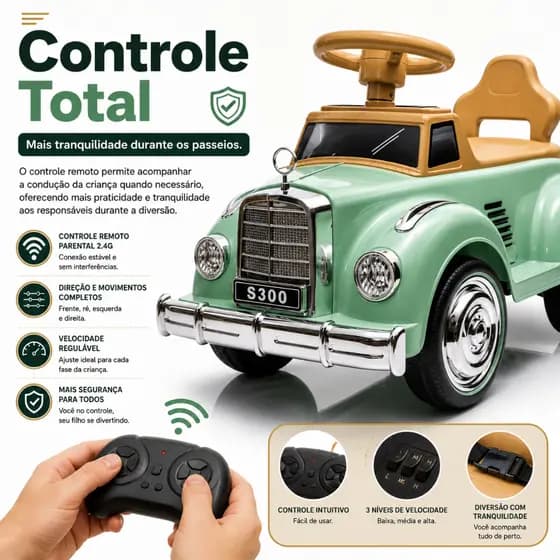 Carrinho Luxo presente Elétrico Infantil Vintage Controle Remoto Bateria Recarregável RetroDrive