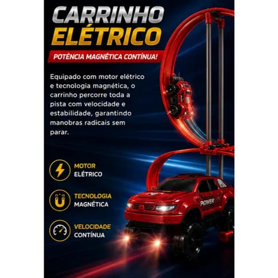 Pista de Corrida Infantil Looping Power Track Carrinho Elétrico Magnético Looping Duplo +60 Peças +6 Anos
