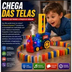 Trem Dominó Automático Infantil Luz Música Fumaça 80 Peças Domino Express™ Brinquedo Educativo Criativo INMETRO