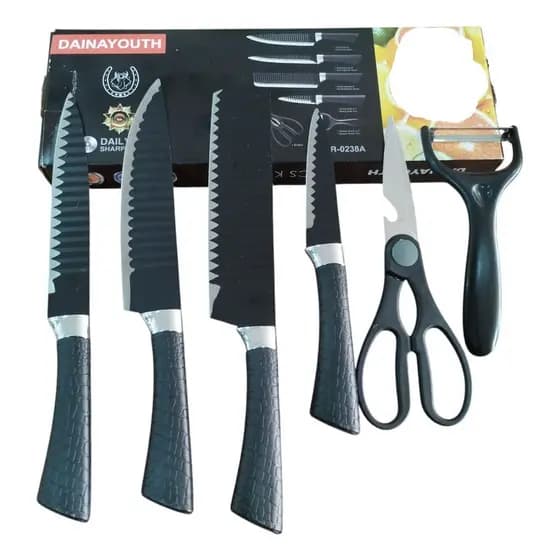 Kit Facas Cozinha Premium Inox 6 Peças Descascador Tesoura