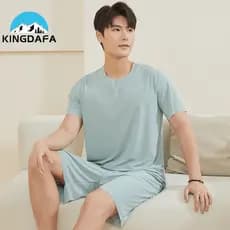 Conjunto De Pijama Masculino De Seda Gelada Respirável KINGDAFA/Camiseta + Shorts/Calças/Pijamas Para Homens Masculinos