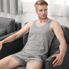 Design Clássico Masculino Pijamas De Algodão Masculinos Conjunto De Pijama (1 Regata + 1 boxer)