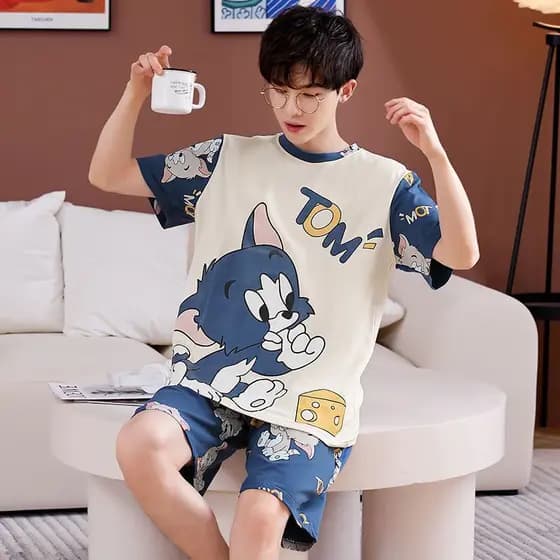 Japonês Dos Desenhos Animados Pijamas Masculino Casa Wear De Manga Curta Conjunto De Pijama De Algodão Roupas Masculinas