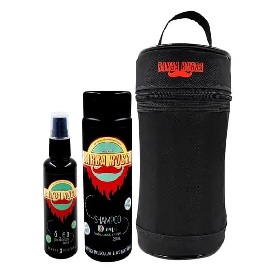 Kit Para Barba Com Óleo, Shampoo 3 em 1 E Necessaire Barba Rubra