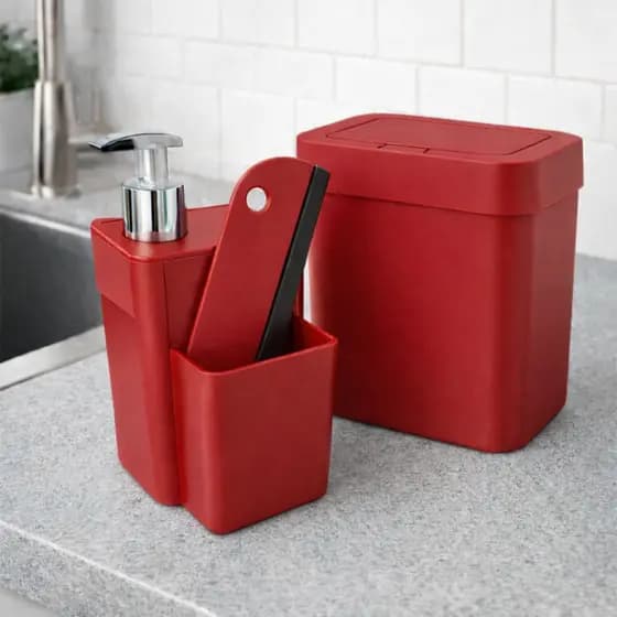 Kit Pia Cozinha Lixeira 4L + Dispenser Detergente + Rodinho - Compacto Sabão Organizador Bucha