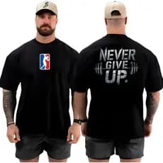 Camiseta Camisa Oversized Top para Academia Musculação Never give up Streetwear 100% Algodão premium treino street