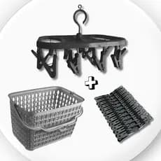 Kit Lavanderia Varal Roupas Íntimas PRETO + Cesto Multiuso CINZA + 48 Prendedores PRETO