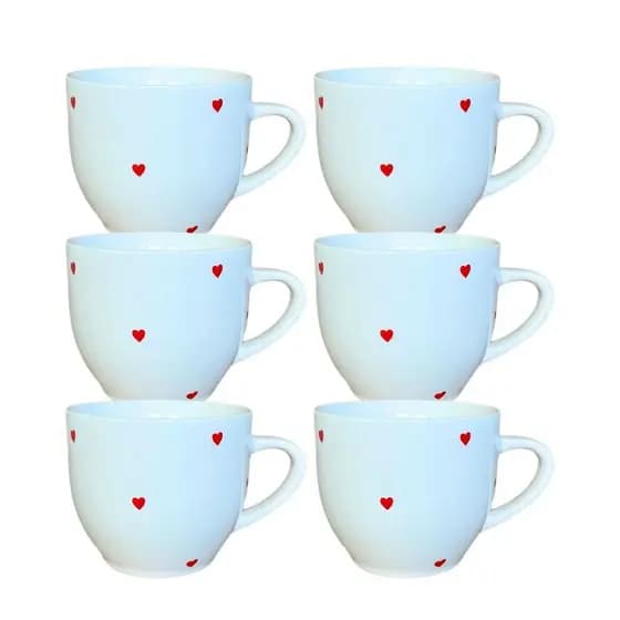 Kit 6 Xícaras Paris Branca Poá Coração Vermelho 170ml
