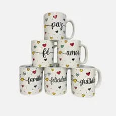 CONJUNTO COM 6 CANECAS PORCELANA BRANCA DECORADA FAIXA 280 ML