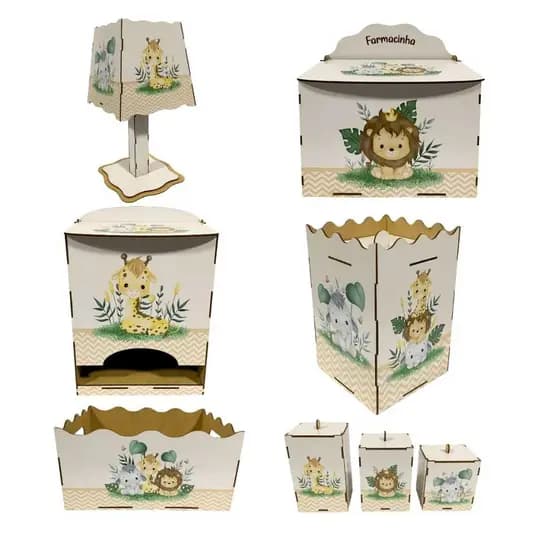 Kit Higiene Bebê Selva Safari 8 Peças MDF Adesivado