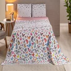 Kit 4 Peças Jogo de Lençol Cama Casal Padrão Borboleta Algodão Escolha Rosa ou Azul
